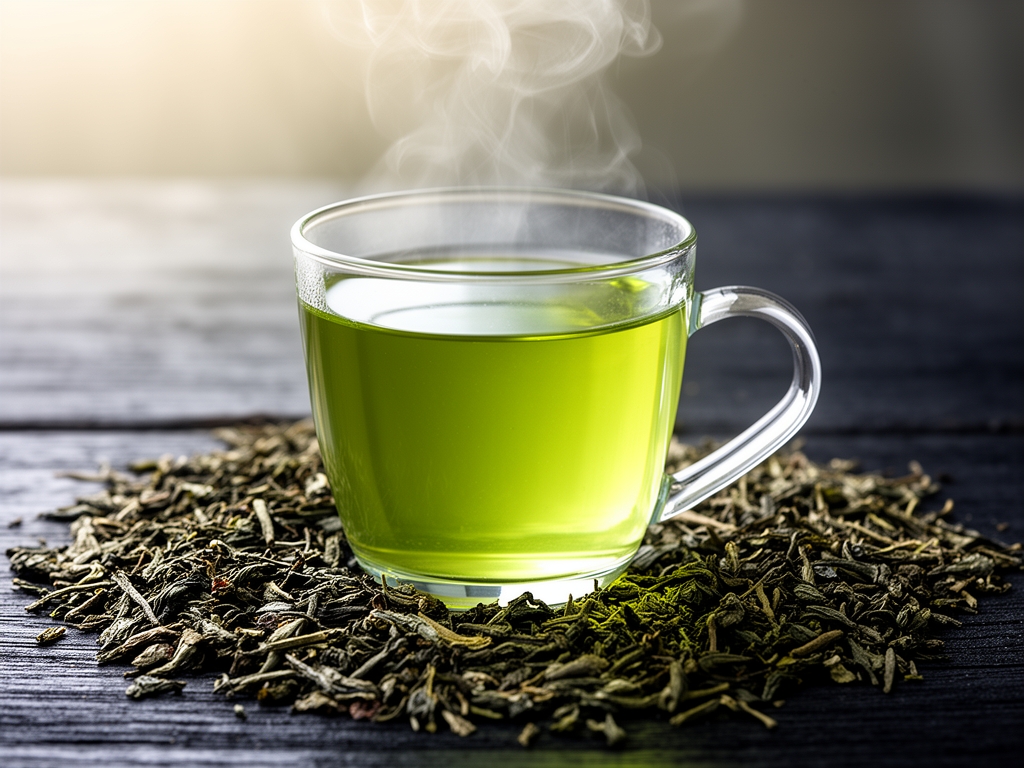 Sveži zeleni čaj u providnoj staklenoj šolji okružen suvim čajnim listovima na tamnoj površini sa parom koji se dize u hladnom jutru