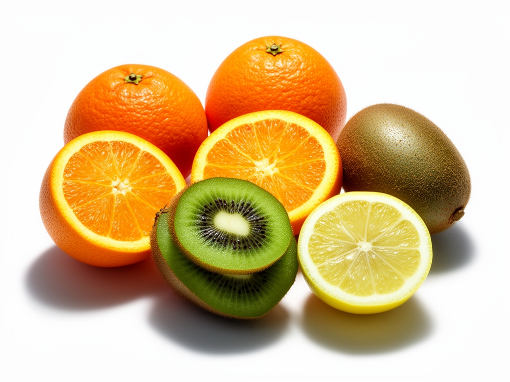 Raznovrsno egzoticno i obicno voce — narandze, limun, nar i kivi — prepolovljeno i rasporedeno na beloj povrsini sa senkom