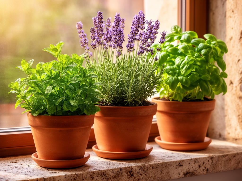 Razlicite aromaticne biljke u zemljanim posudama — menta, lavanda i bosiljak — u toplom jutarnjem svetlu na kamenom prozorskom parapetu